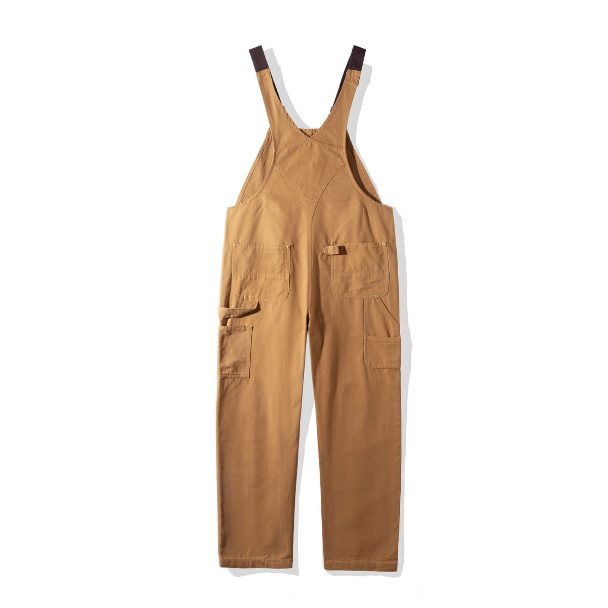 Camel canvas bib dungarees, full length front view