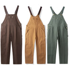 Coffee brown, camel and green canvas bib dungarees shown side by side
