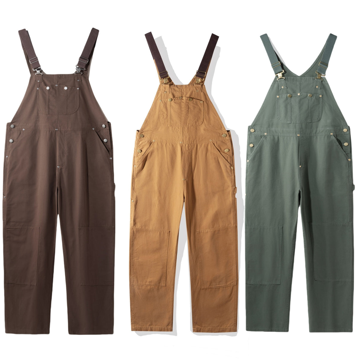 Coffee brown, camel and green canvas bib dungarees shown side by side