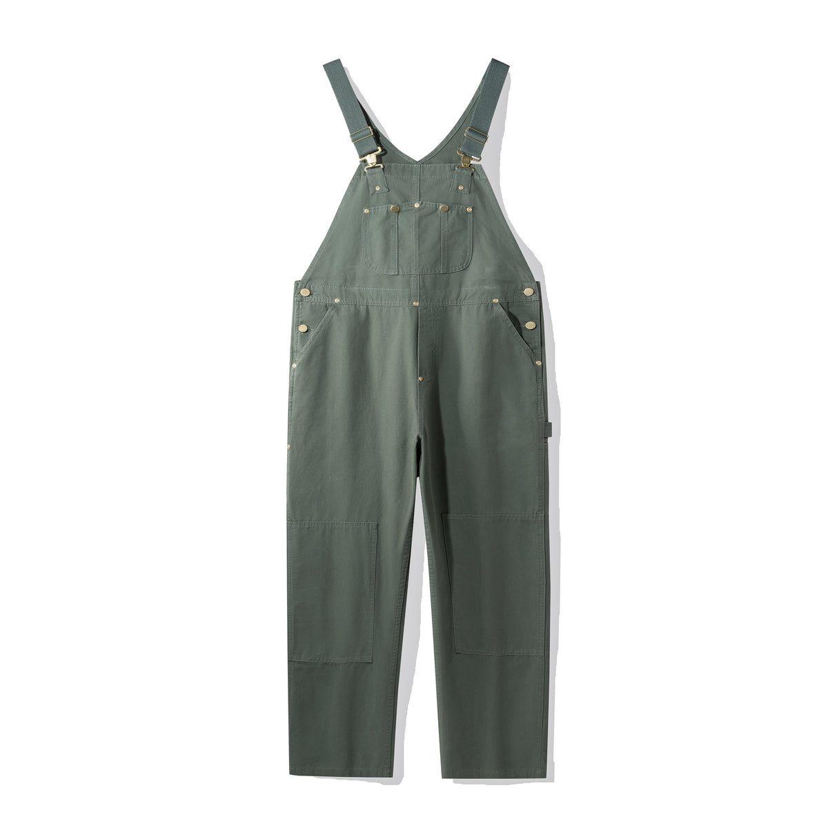 Green canvas bib dungarees shown front on