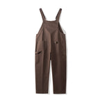 Coffee brown canvas bib dungarees, full length front view