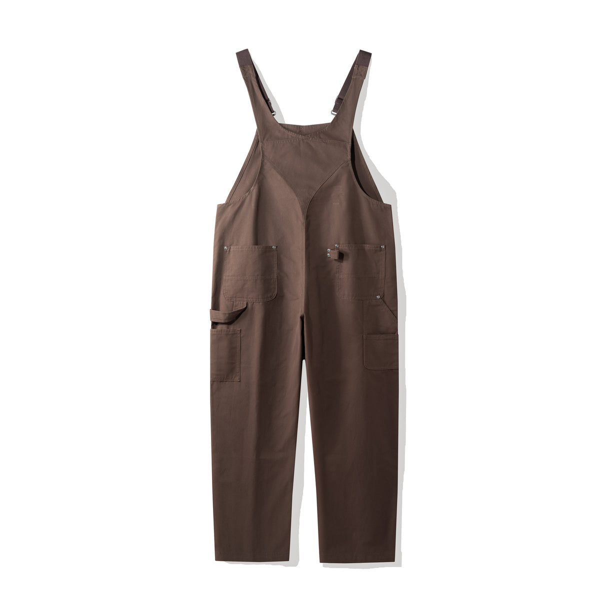 Coffee brown canvas bib dungarees, full length front view