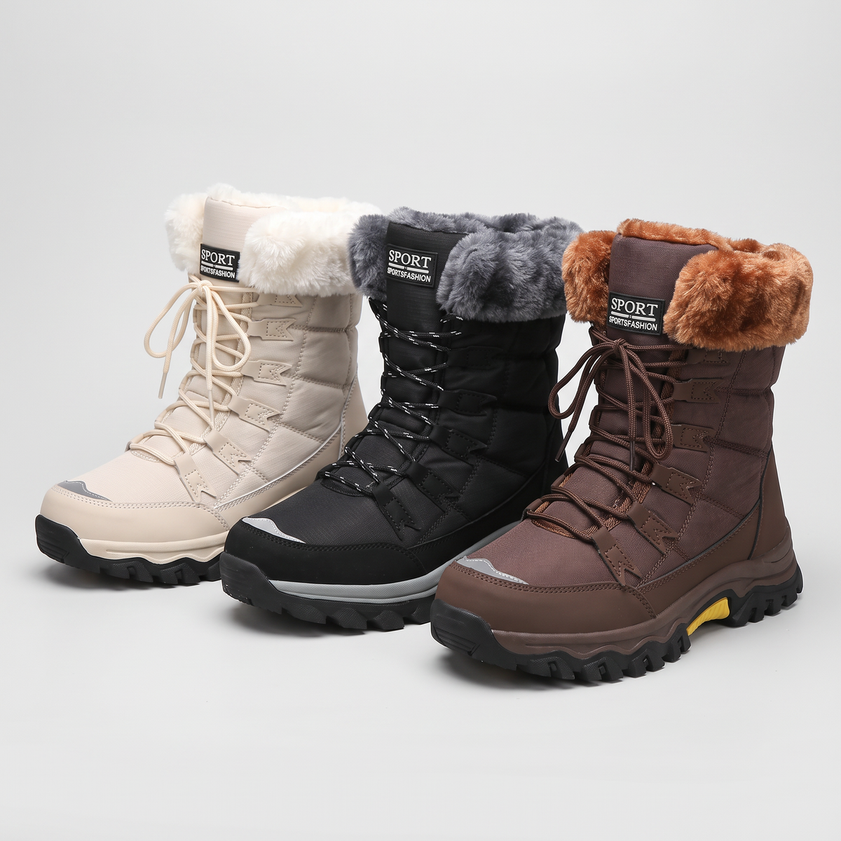 Women's fur lined lace up snow boots in Beige, Black and Brown