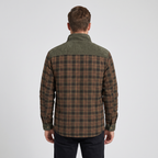 Back view of a man wearing the Army Green men's fleece lined check overshirt