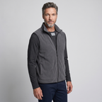 Charcoal men's fleece vest worn, three-quarter side view