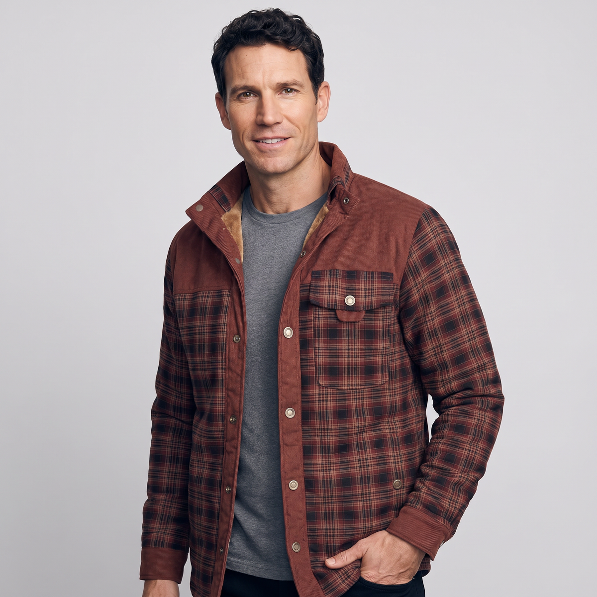 Man wearing the Rust Red men's fleece lined check overshirt, three-quarter side view