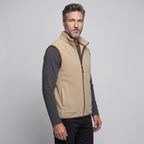 Khaki men's fleece vest worn, three-quarter side view