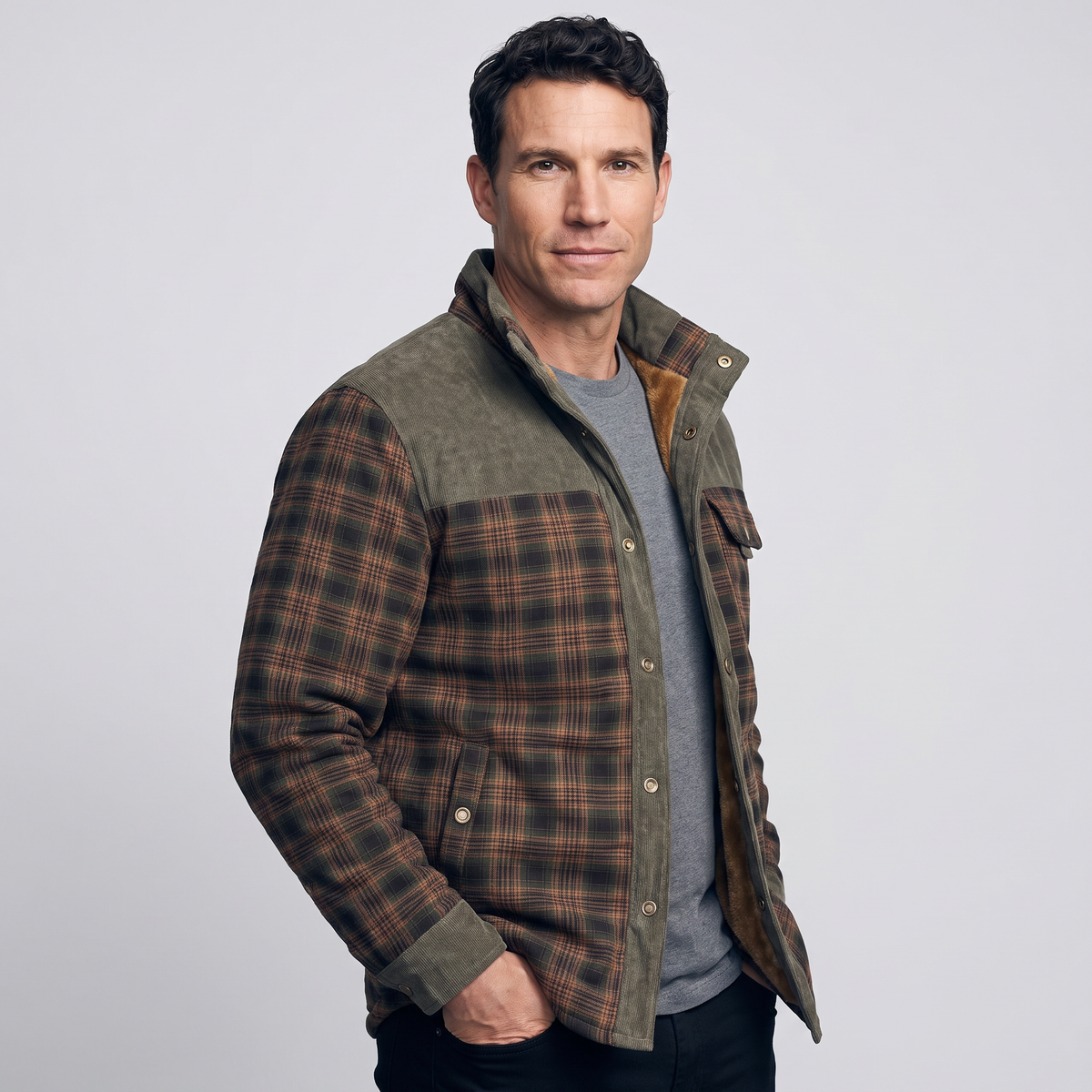 Man wearing the Army Green men's fleece lined check overshirt, three-quarter side view