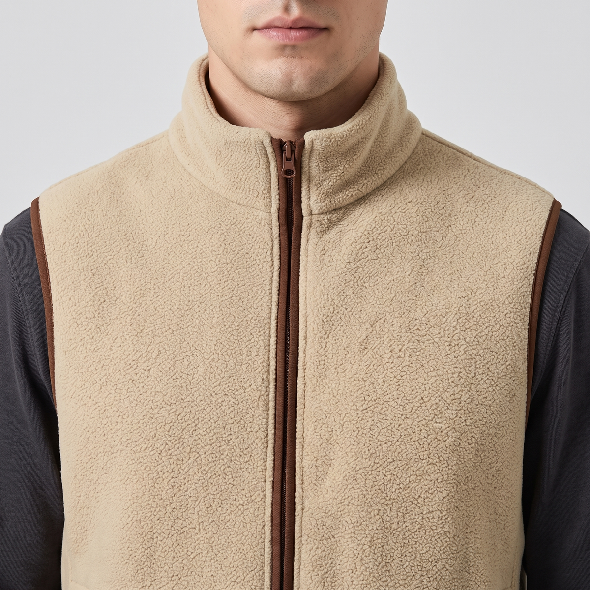 Stand collar of the fleece vest zipped to the chin