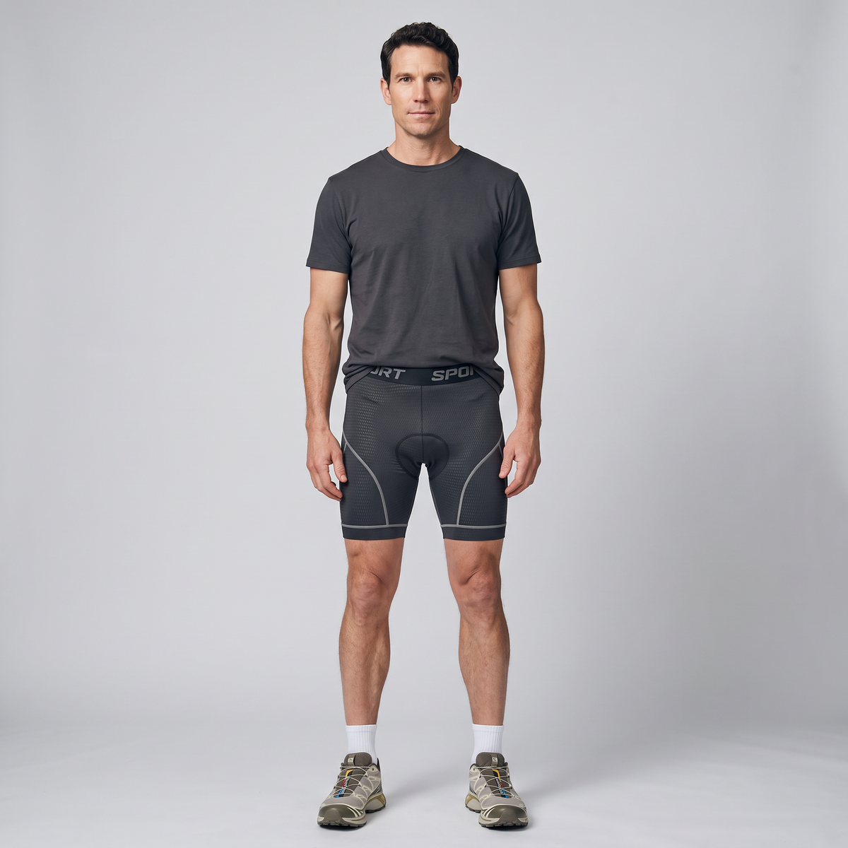 Man wearing the grey padded cycling liner shorts with a t-shirt and trail shoes, full length