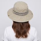 Back view of the Khaki sun hat shading the back of the neck