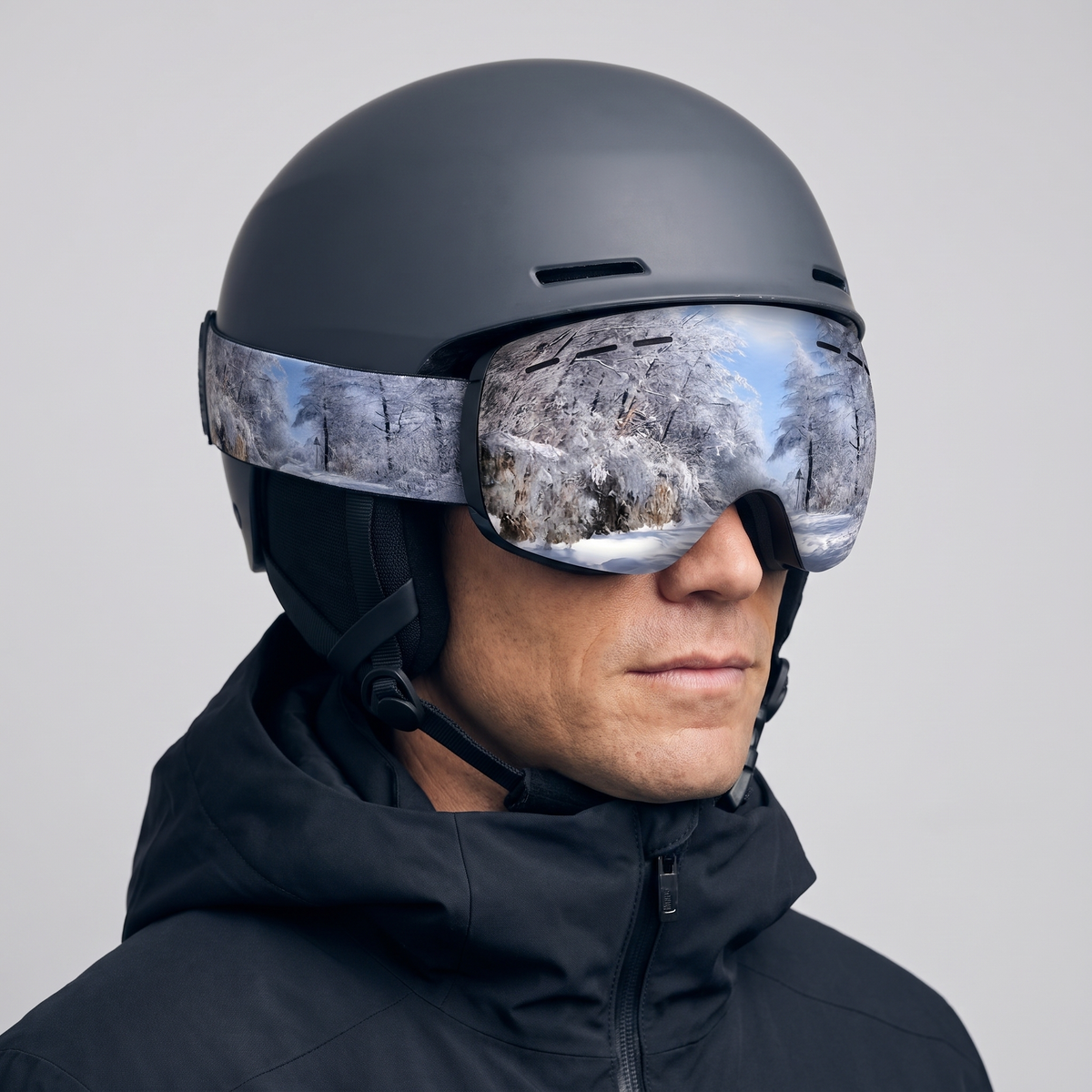Man wearing the ski goggles over a helmet, three-quarter side view