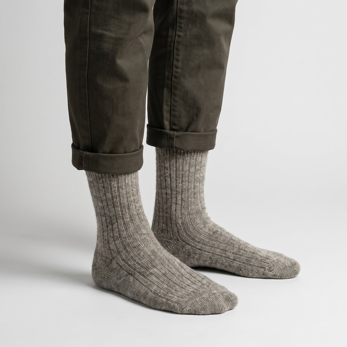 Light grey wool socks worn by a man