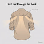 Illustration of warm air leaving through the vented back of the men's fishing shirt