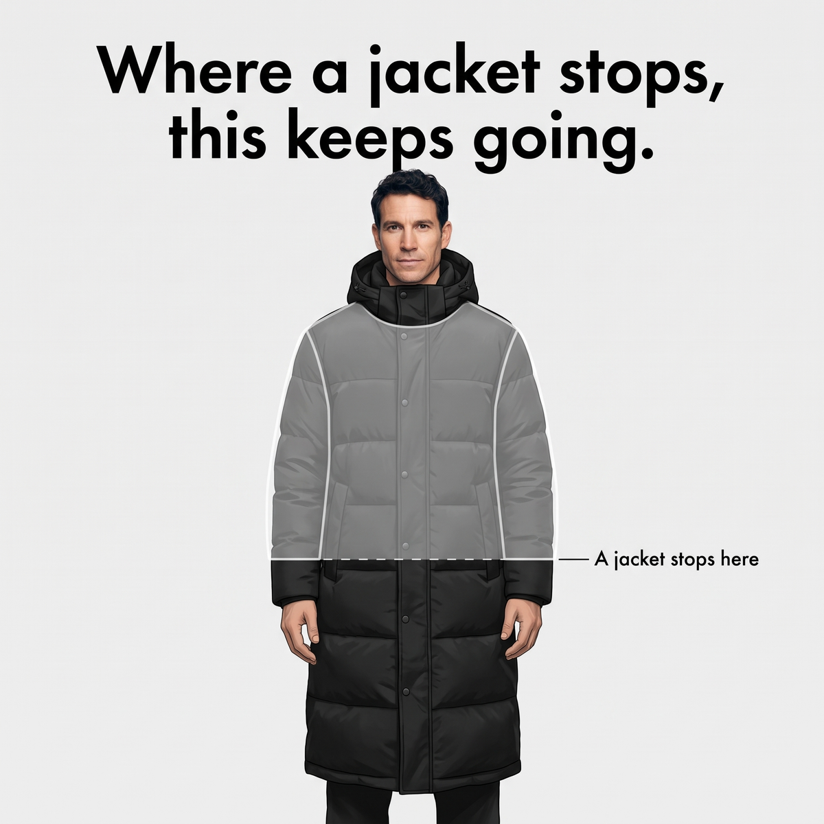 Where a short jacket stops, the long puffer coat keeps going
