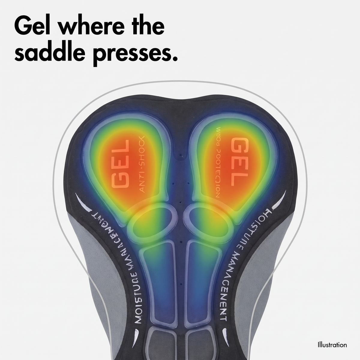 Illustration of a saddle pressure map over the gel pads of the cycling shorts pad