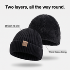 Two layers of the winter hat: stretch rib knit and thick fleece lining