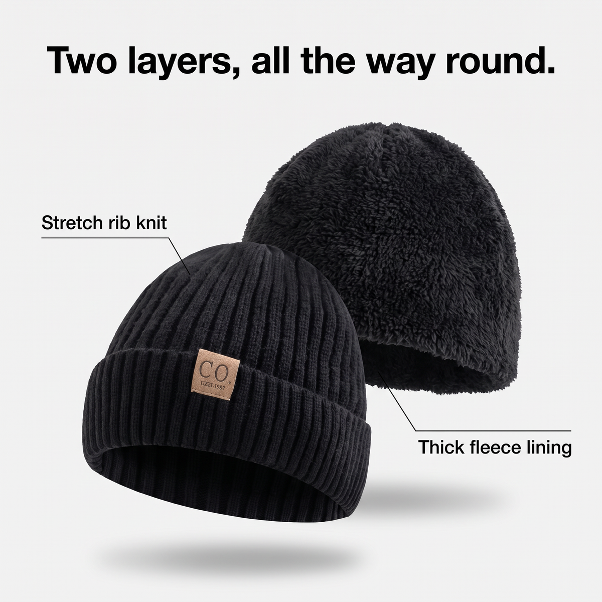 Two layers of the winter hat: stretch rib knit and thick fleece lining
