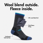 Cutaway of the ski sock: wool blend knit outside, thick fleece lining inside, cushioned heel and toe
