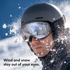 Snow spray hitting the mirrored ski goggles on a powder turn