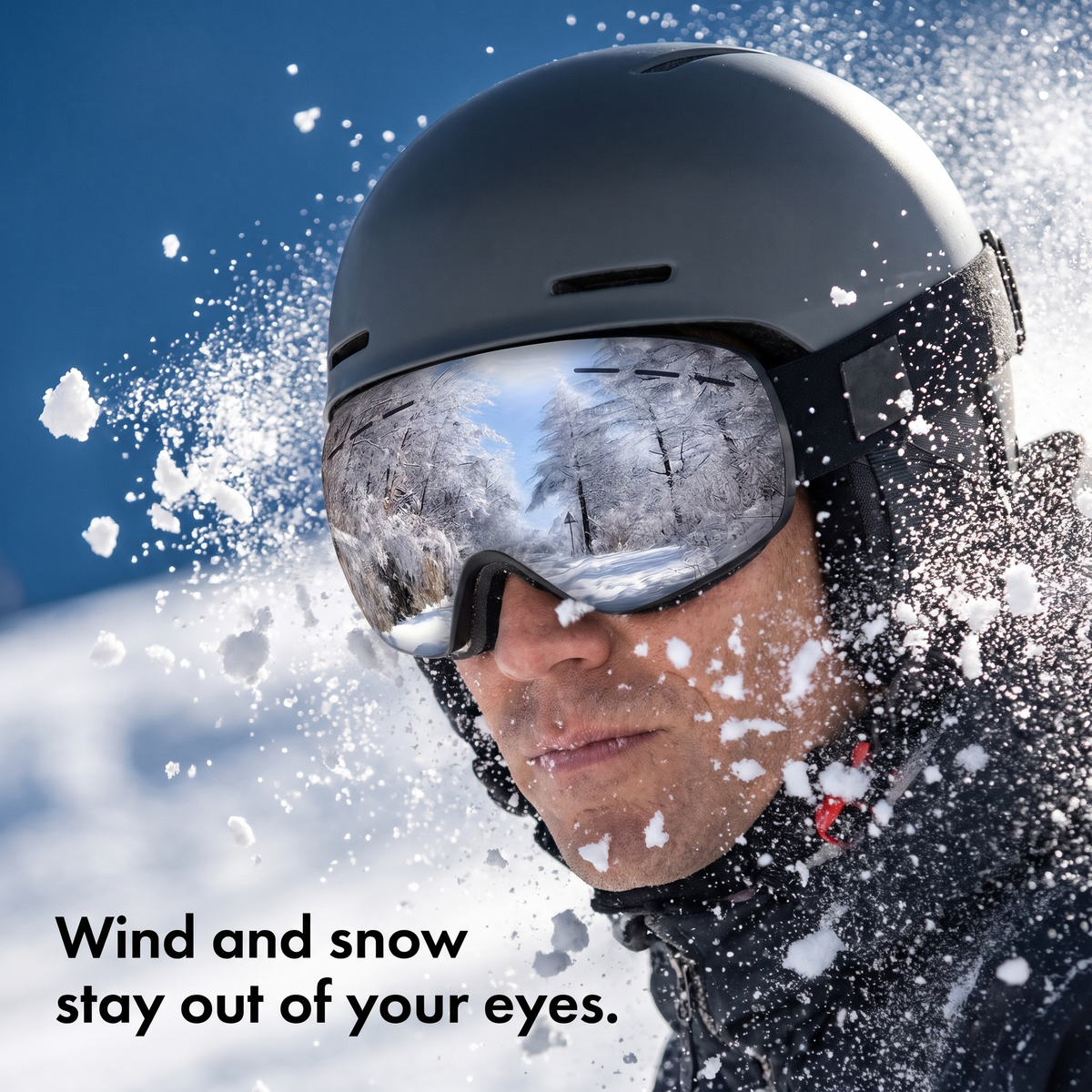 Snow spray hitting the mirrored ski goggles on a powder turn