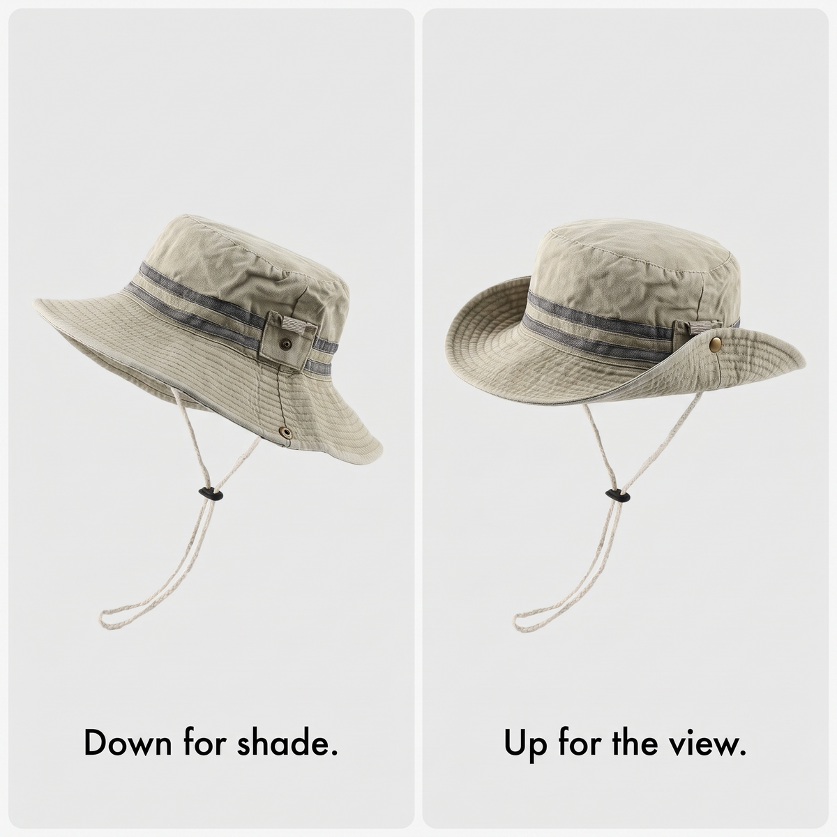 Sun hat brim down for shade and snapped up for the view