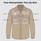 Illustration of the four chest pockets of the men's fishing shirt holding a phone, passport, cash and keys
