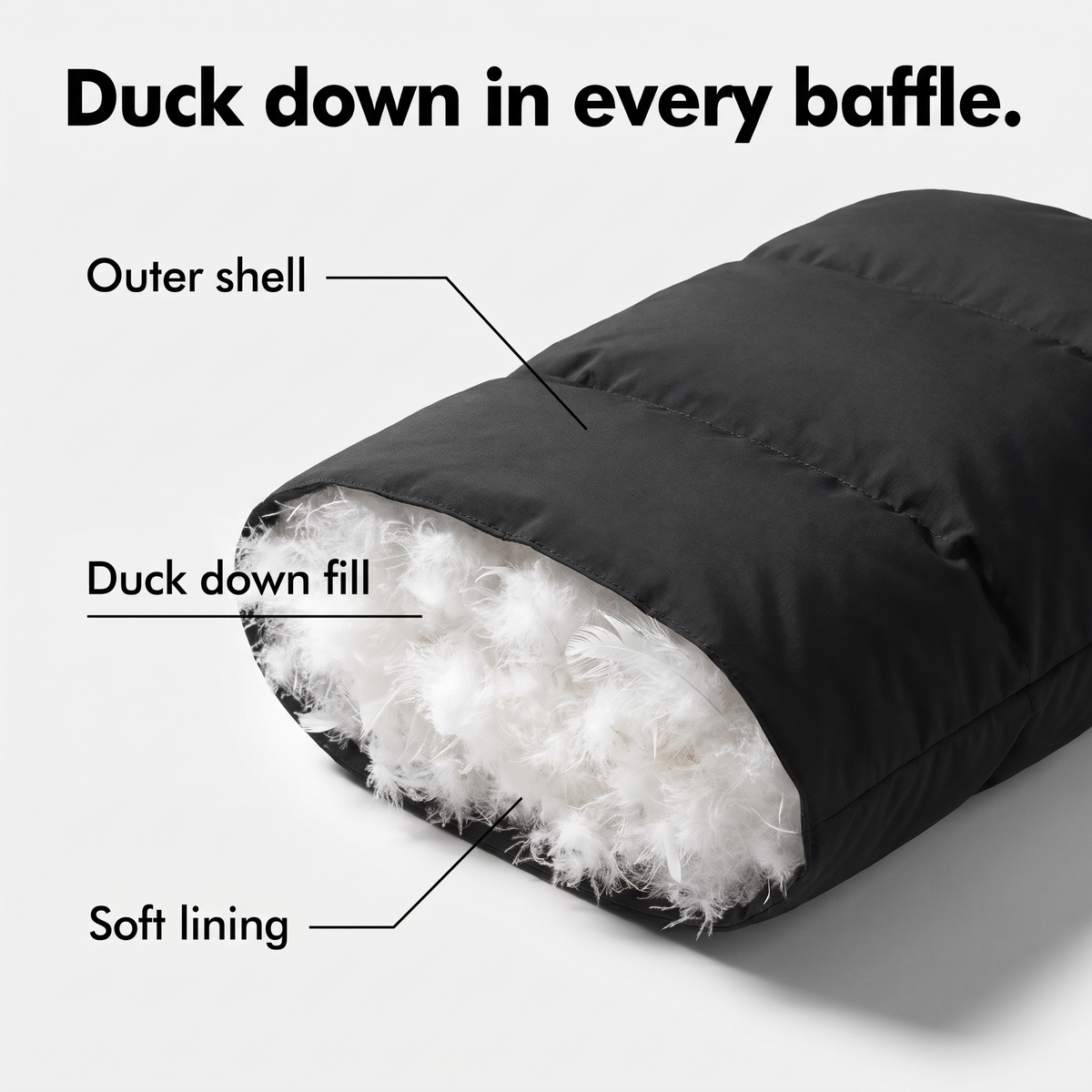 Cutaway of a quilted baffle filled with duck down
