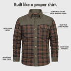 Overshirt features: corduroy collar, metal snap front, chest pocket, snap hand pockets and adjustable cuffs