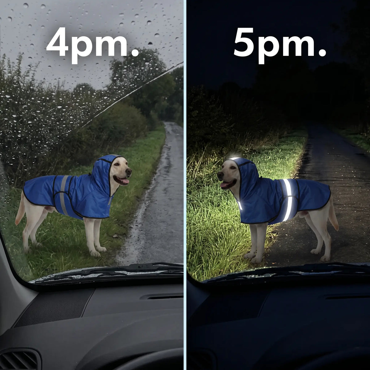 Dog raincoat seen from a car at 4pm and at 5pm, reflective strips lit by the headlights
