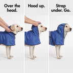How to put on the dog raincoat: over the head, hood up, strap under
