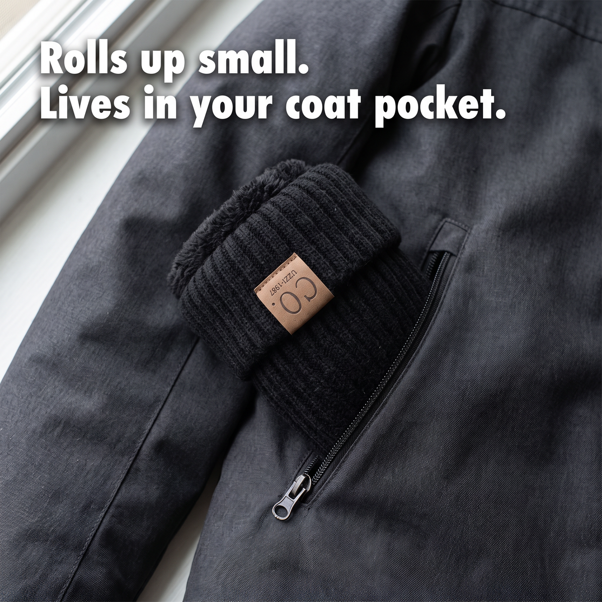 Beanie hat rolled up small in a jacket pocket