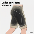 Illustration of the padded cycling liner worn under ordinary walking shorts, pad sitting inside the liner