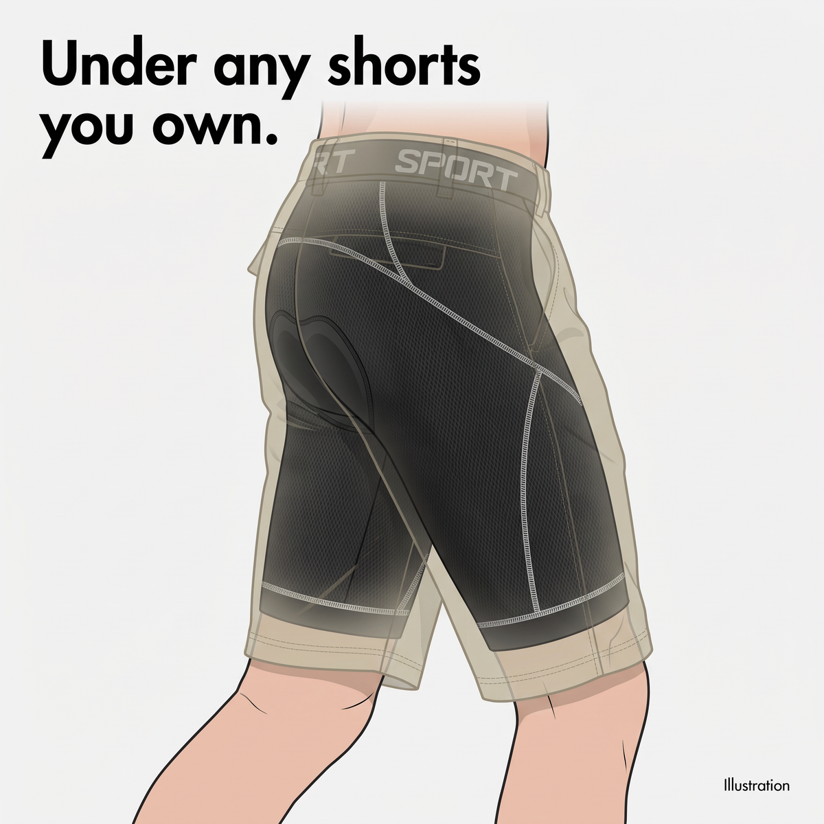 Illustration of the padded cycling liner worn under ordinary walking shorts, pad sitting inside the liner
