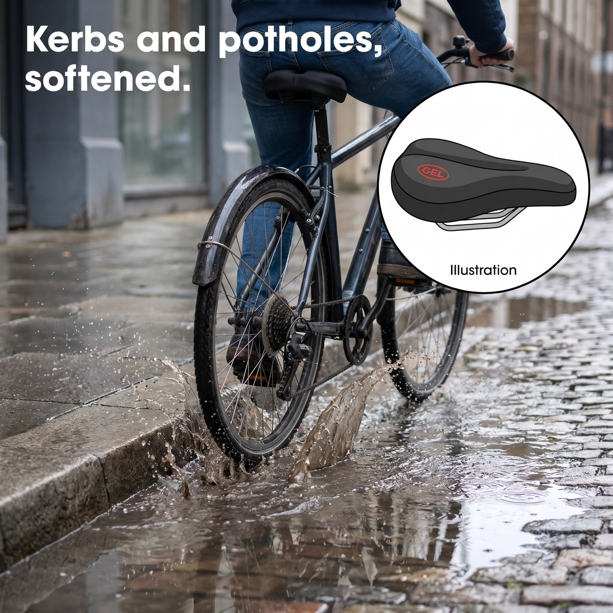 Bike rolling off a wet kerb with an illustration of the padding softening the bump