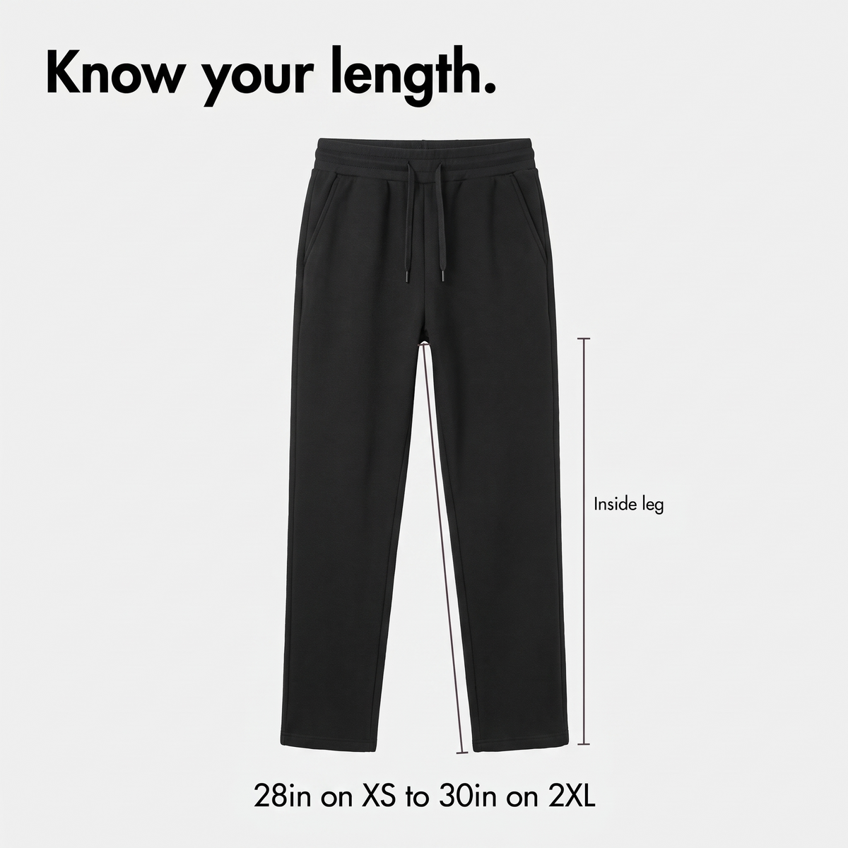 Inside leg diagram: 28in on XS to 30in on 2XL