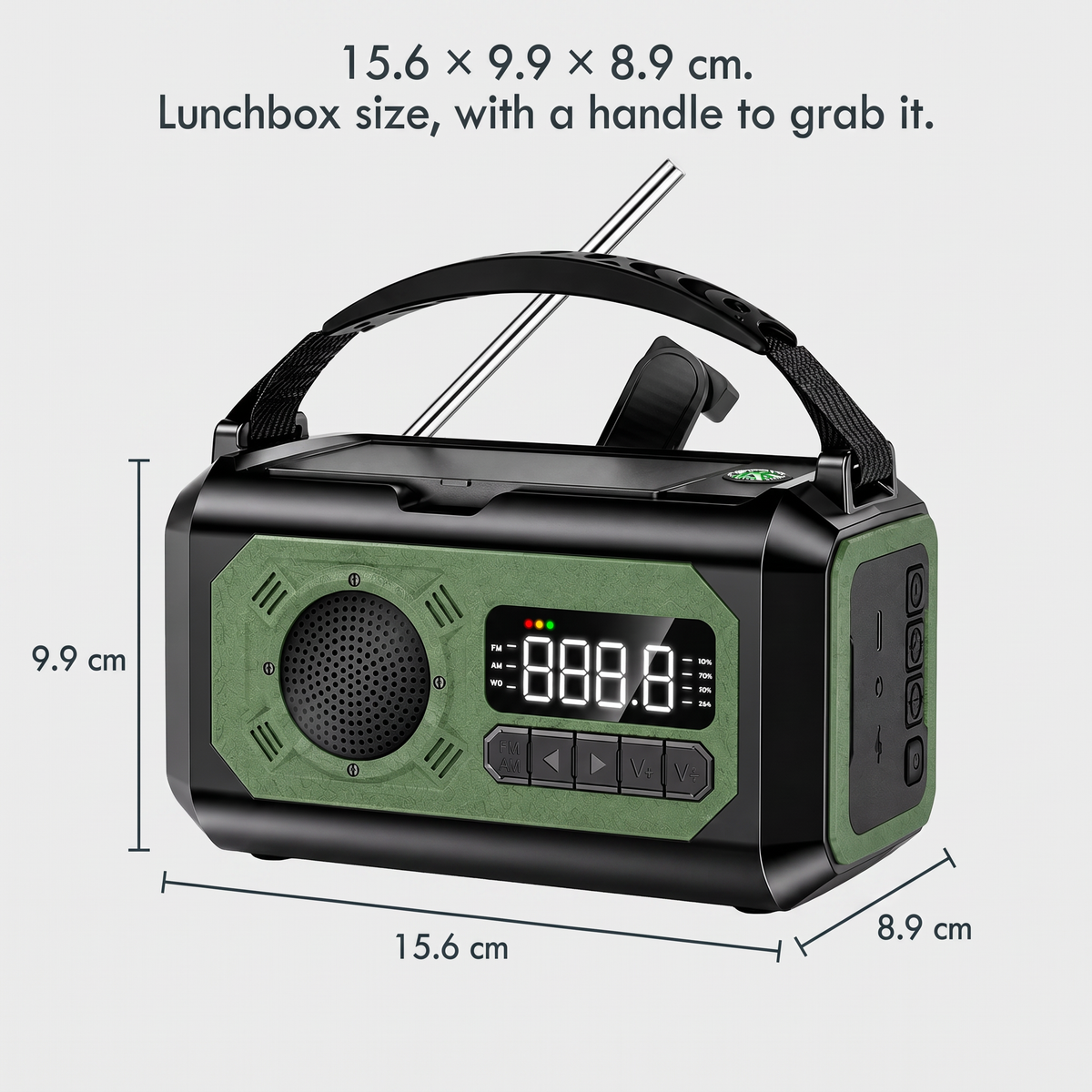 Emergency radio dimensions 15.6 x 9.9 x 8.9 cm