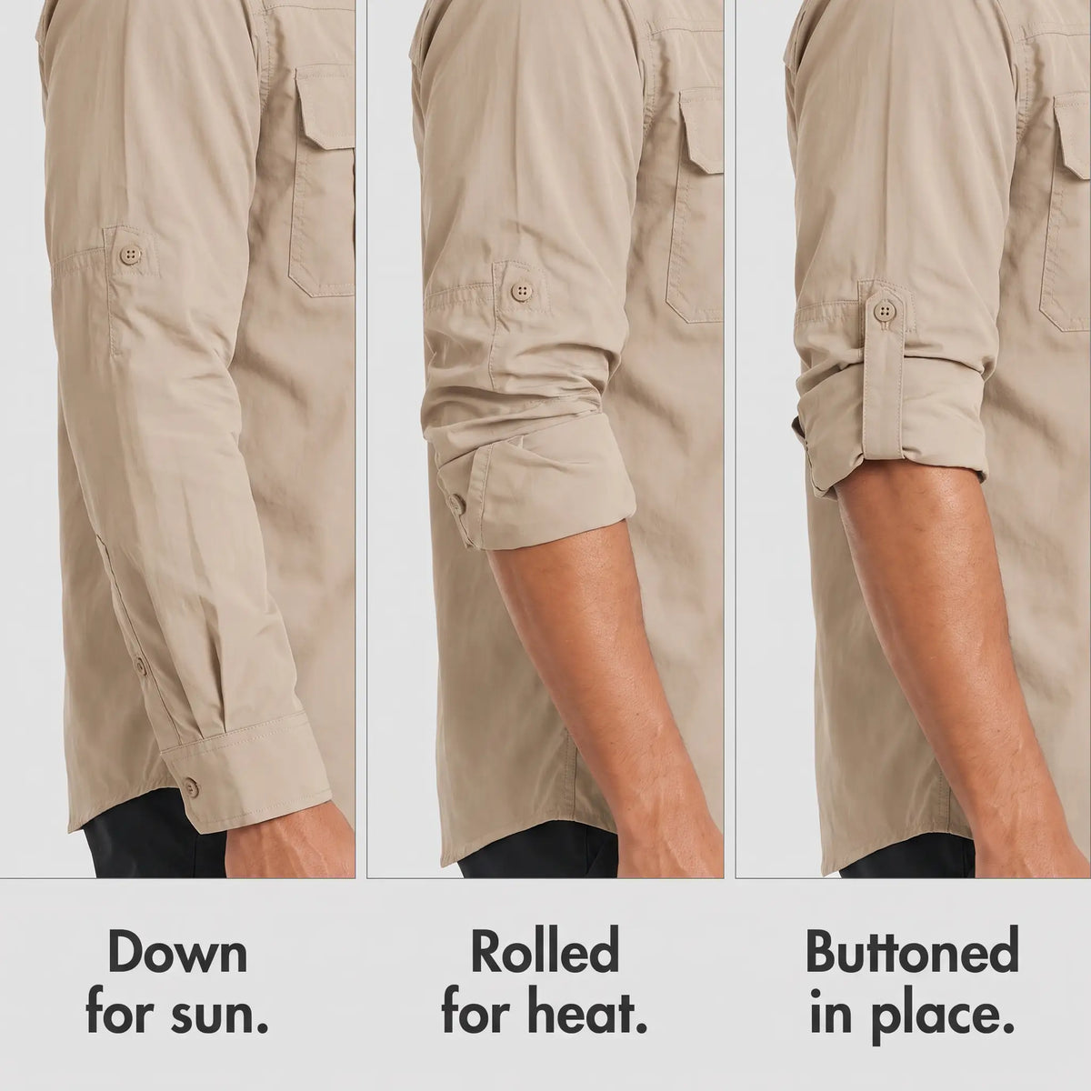 Sleeve of the men's fishing shirt down, rolled up and buttoned in place on its tab