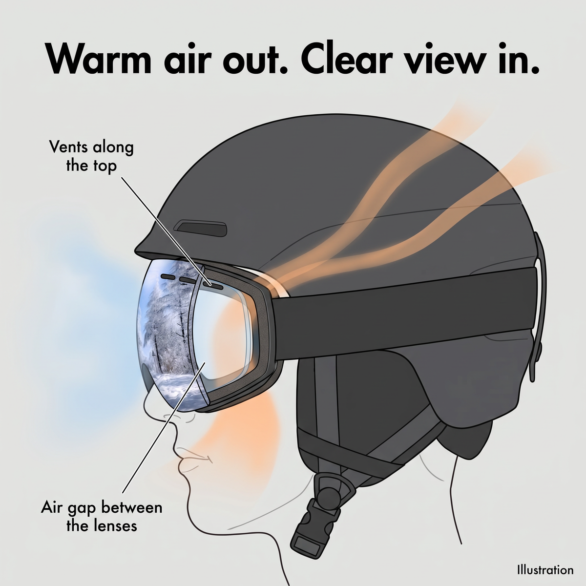 Illustration of warm air leaving through the vents of the ski goggles