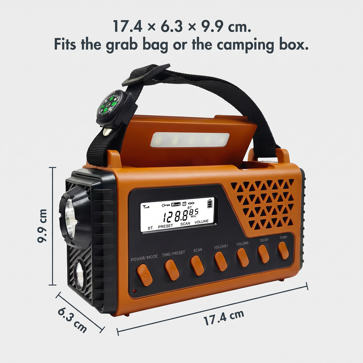 Portable radio dimensions 17.4 x 6.3 x 9.9 cm, fits a grab bag or camping box