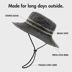 Charcoal sun hat details: striped band, brass vent, press-stud brim and toggle chin cord