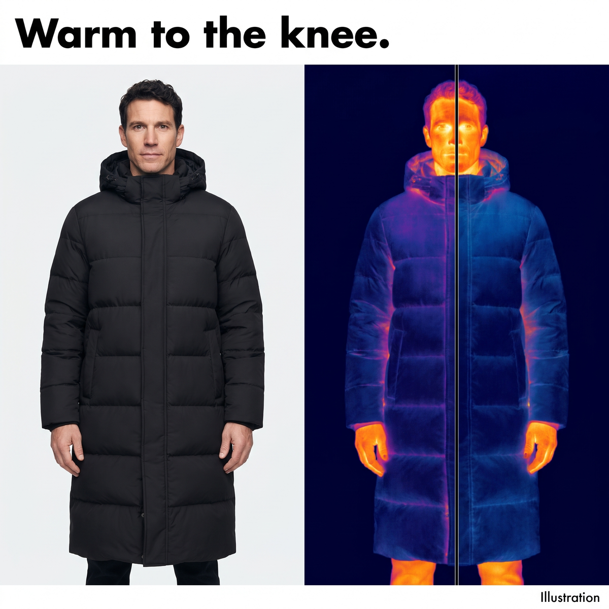 Illustration of heat kept in by the long puffer coat down to the knee