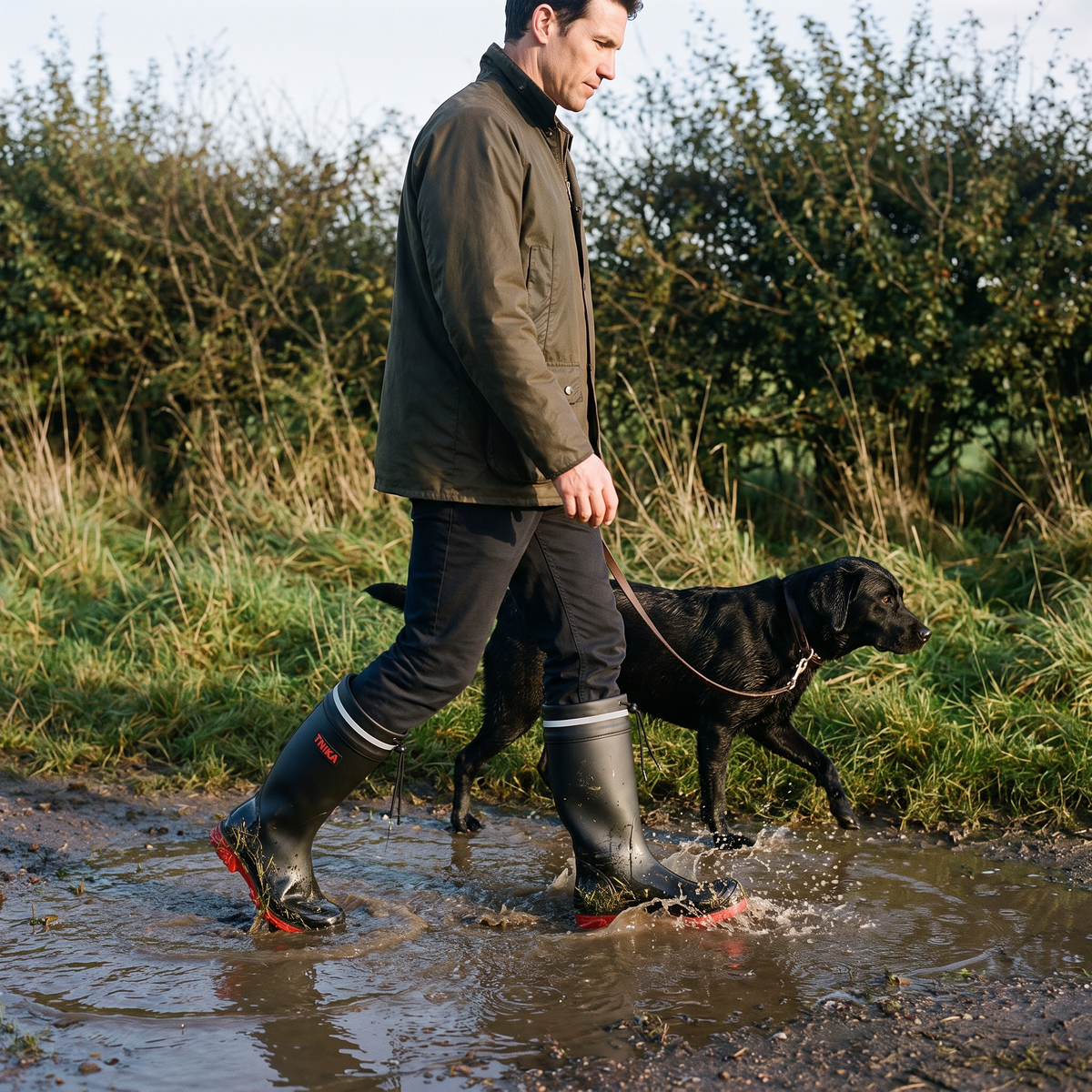 Man walking a black Labrador through a puddle on a wet field edge in black and red mid-calf wellies