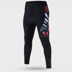 Men's padded cycling tights in Red, front view showing the printed side panel and hip pocket