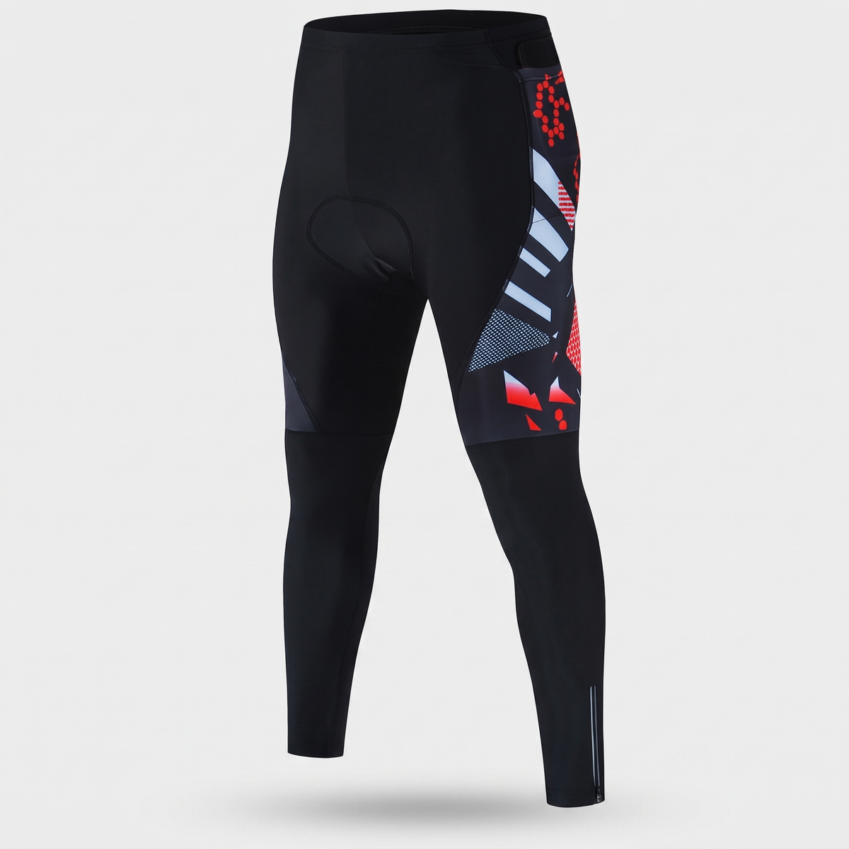 Men's padded cycling tights in Red, front view showing the printed side panel and hip pocket