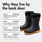 Four customer review cards beside a pair of fleece lined wellies
