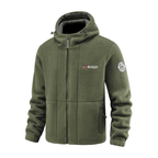 Men's army green windproof hooded fleece jacket, front view