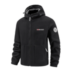 Men's black windproof hooded fleece jacket, front view