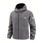 Men's grey windproof hooded fleece jacket, front view
