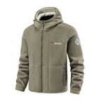 Men's khaki windproof hooded fleece jacket, front view